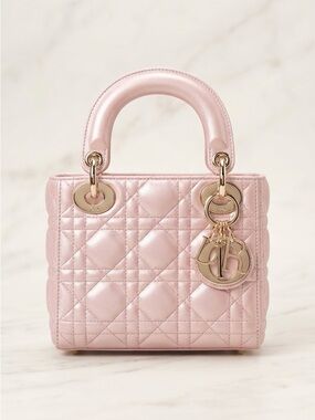 Dior Metallic Light Pink Quilted Mini Lady Bag with Gold Hardware